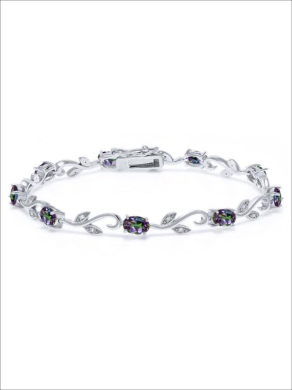 Sterling Silver Oval Gemstone Tennis Bracelet Lab Grown Diamond Leaf 7 Inch